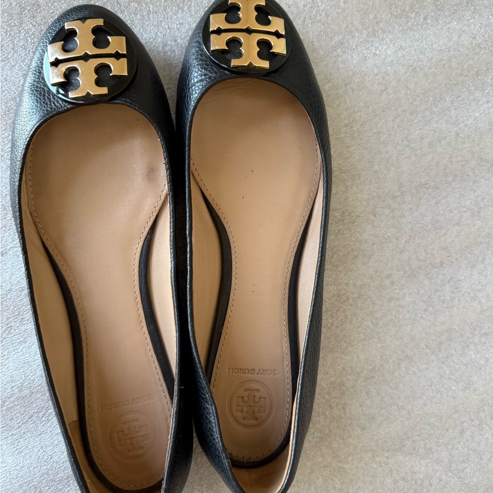 Tory Burch Black Flats with Gold Emblem